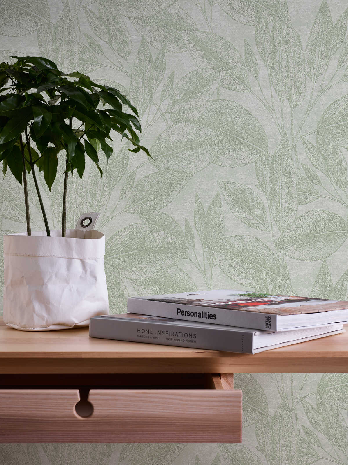             Papier peint intissé naturel avec feuilles & motifs structurés - vert
        