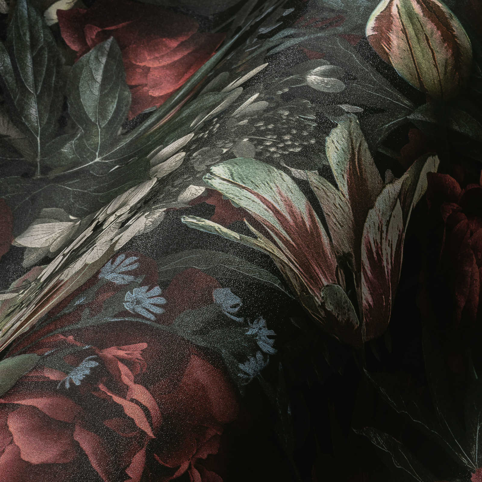             Floral wallpaper roses & tulips vintage style - green, red, cream
        