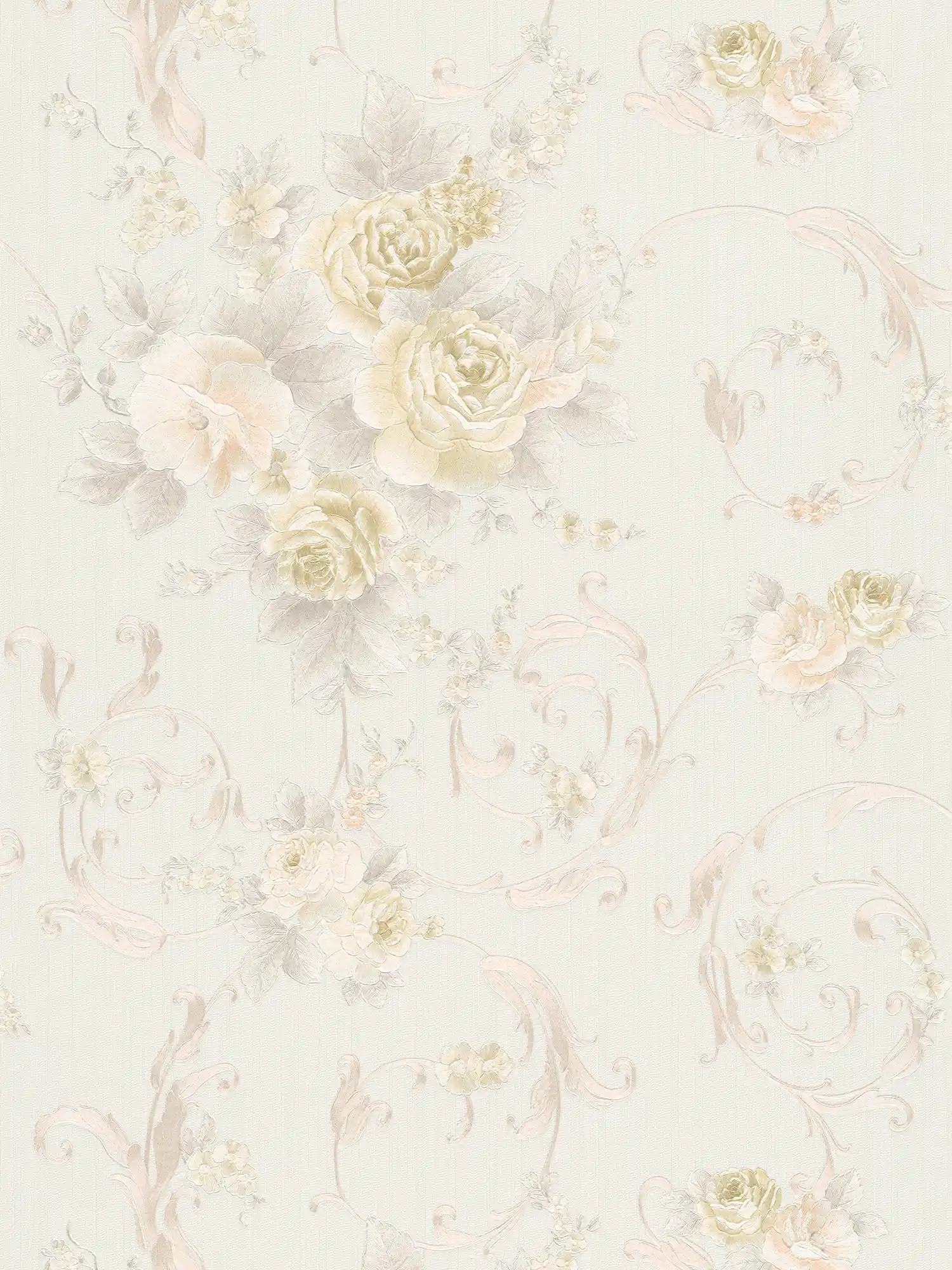 Rose petal wallpaper with metallic effect in country style - cream, grey, pink
