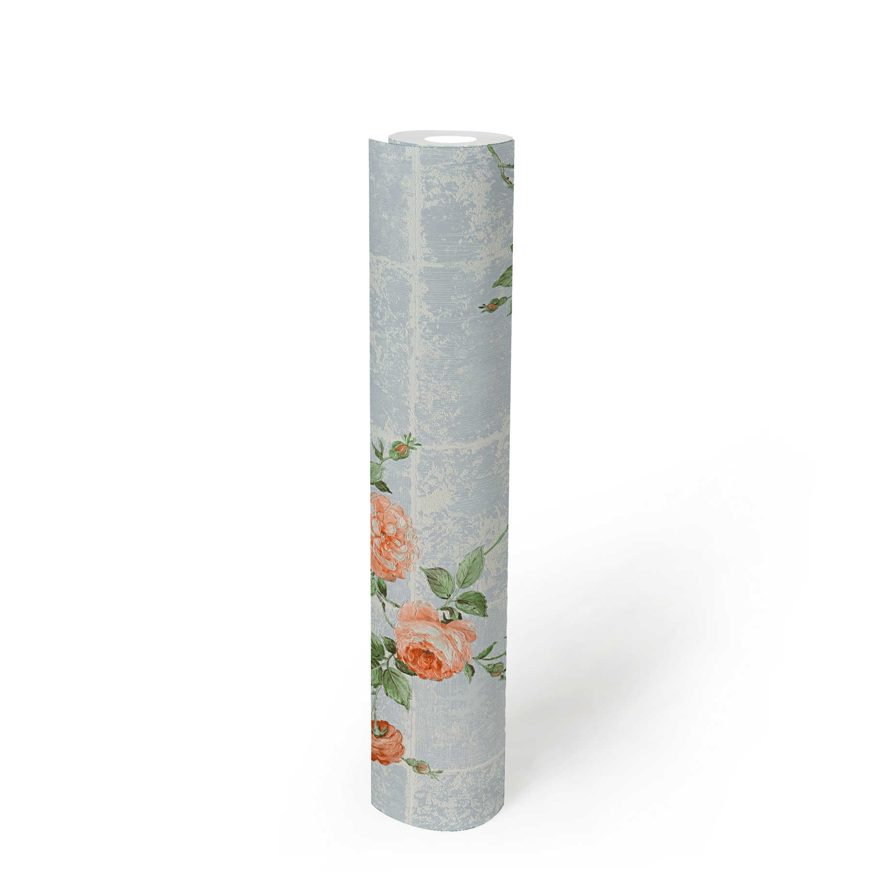             Papier peint aspect carrelage Used Lok avec rinceaux de roses - bleu
        