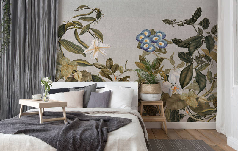             Muurschildering Botanische Stijl Bloemen, Bladeren & Textiel Look - Groen, Grijs, Blauw
        