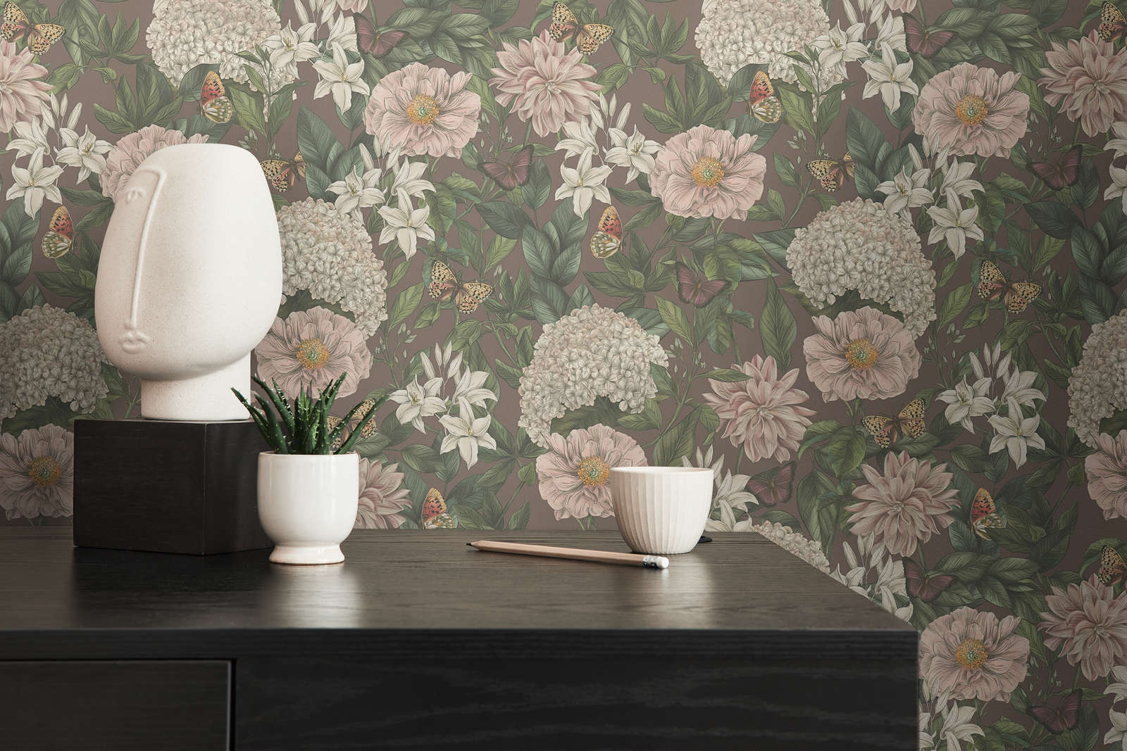             Modern wallpaper floral with flowers & butterflies textured matt - bordeaux, pink, dark green
        