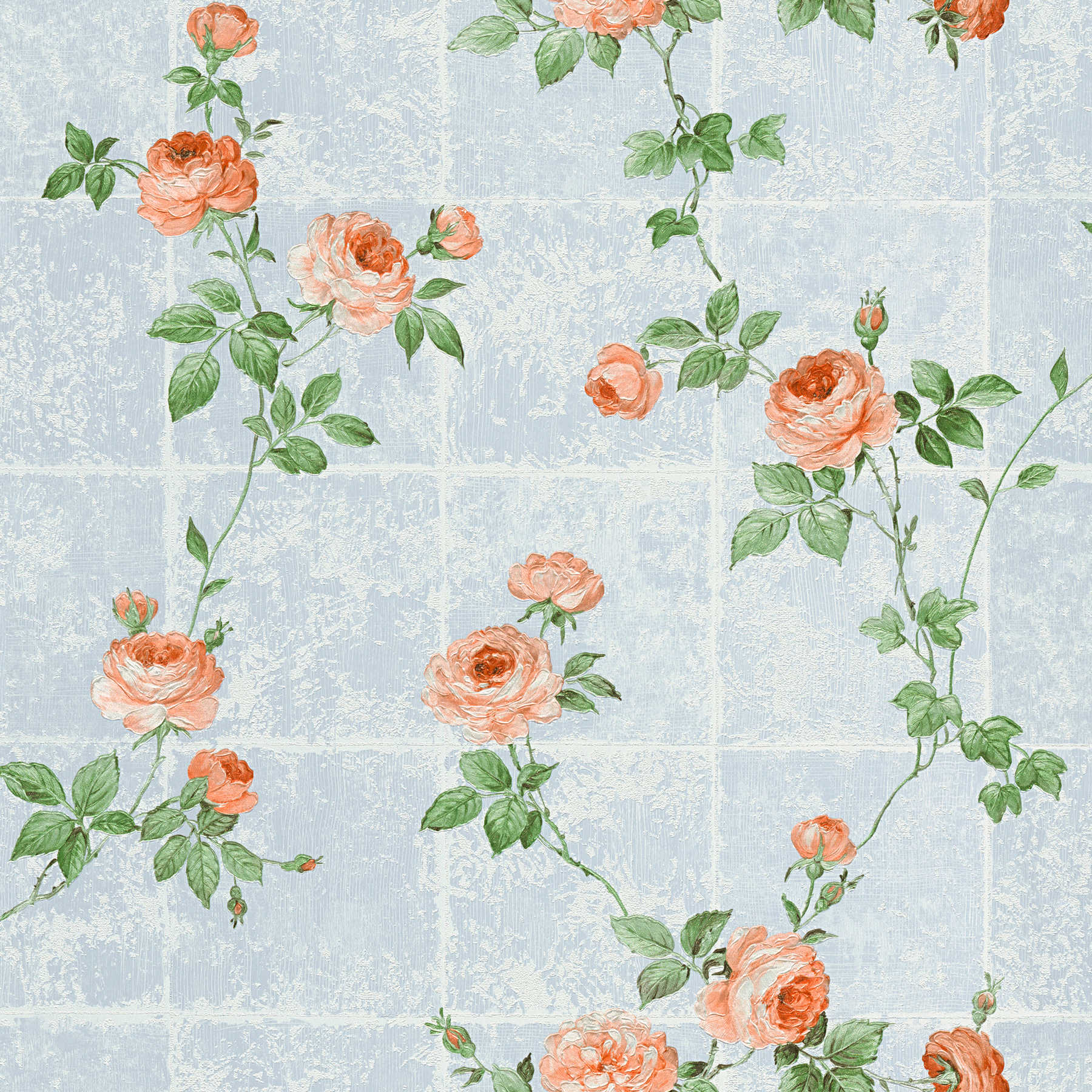 Papier peint aspect carrelage Used Lok avec rinceaux de roses - bleu
