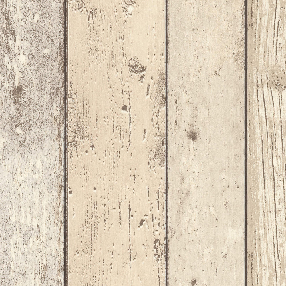             Rustic boards wallpaper with wooden boards in used look - beige, brown, white
        