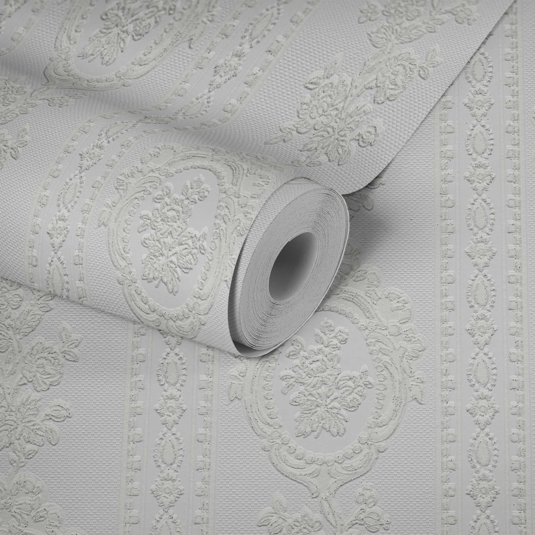             Ornamental wallpaper floral elements, stripes and flowers - white
        