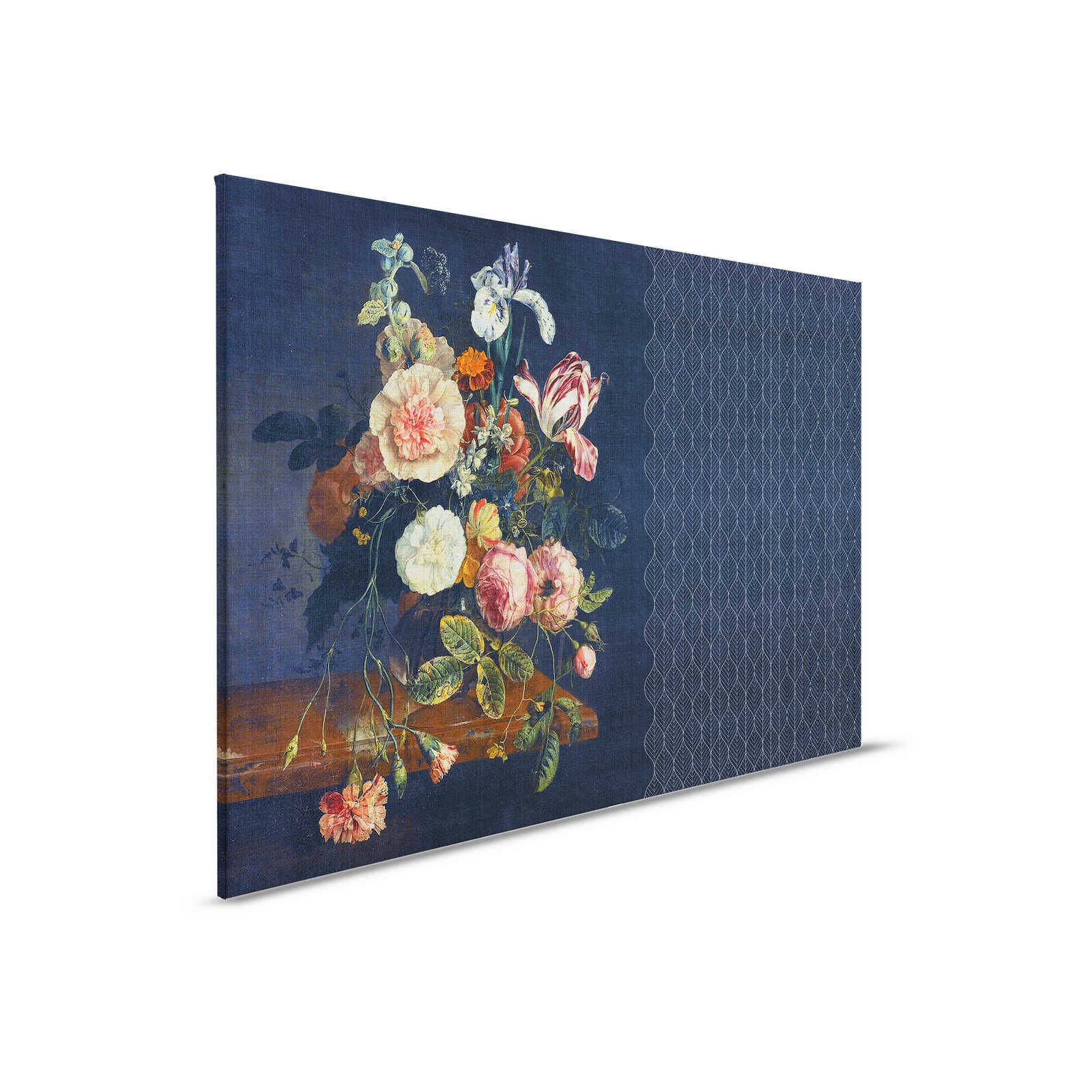 Cortina 2 - Lienzo azul oscuro motivo Art Déco con ramo de flores - 0,90 m x 0,60 m
