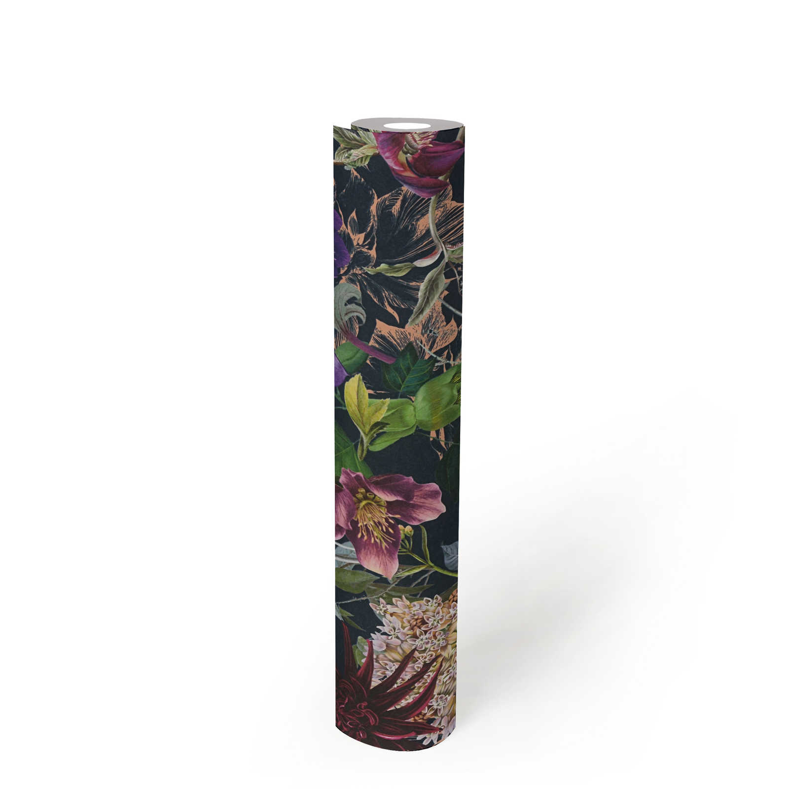             Black wallpaper with colourful flowers - pink, black
        
