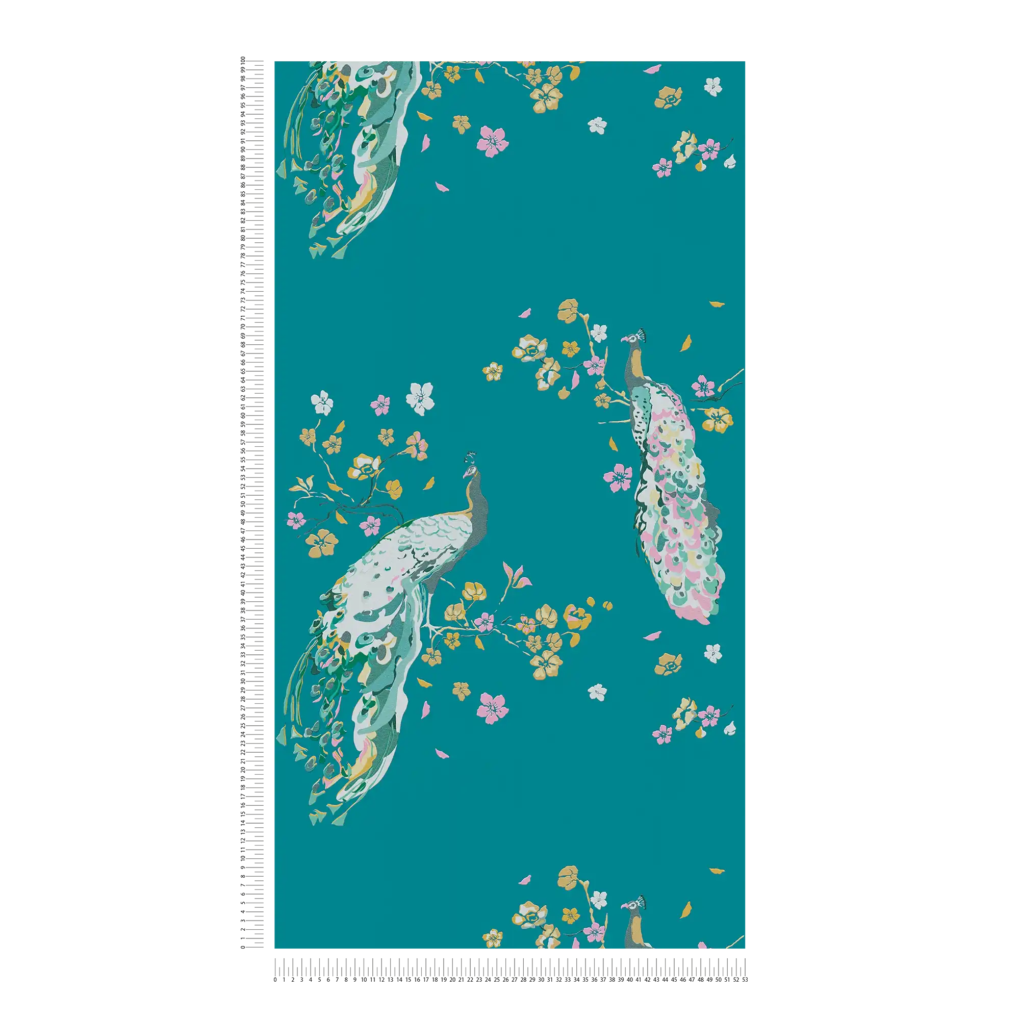             Peacock pattern wallpaper with glossy effect - turquoise, yellow, colourful
        
