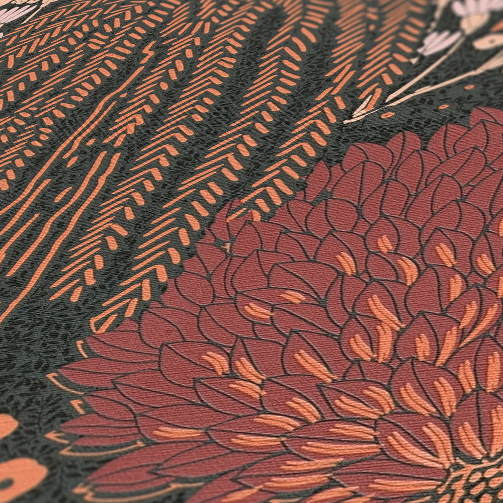             papier peint en papier intissé floral avec feuilles légèrement structuré, mat - noir, rouge, rose
        