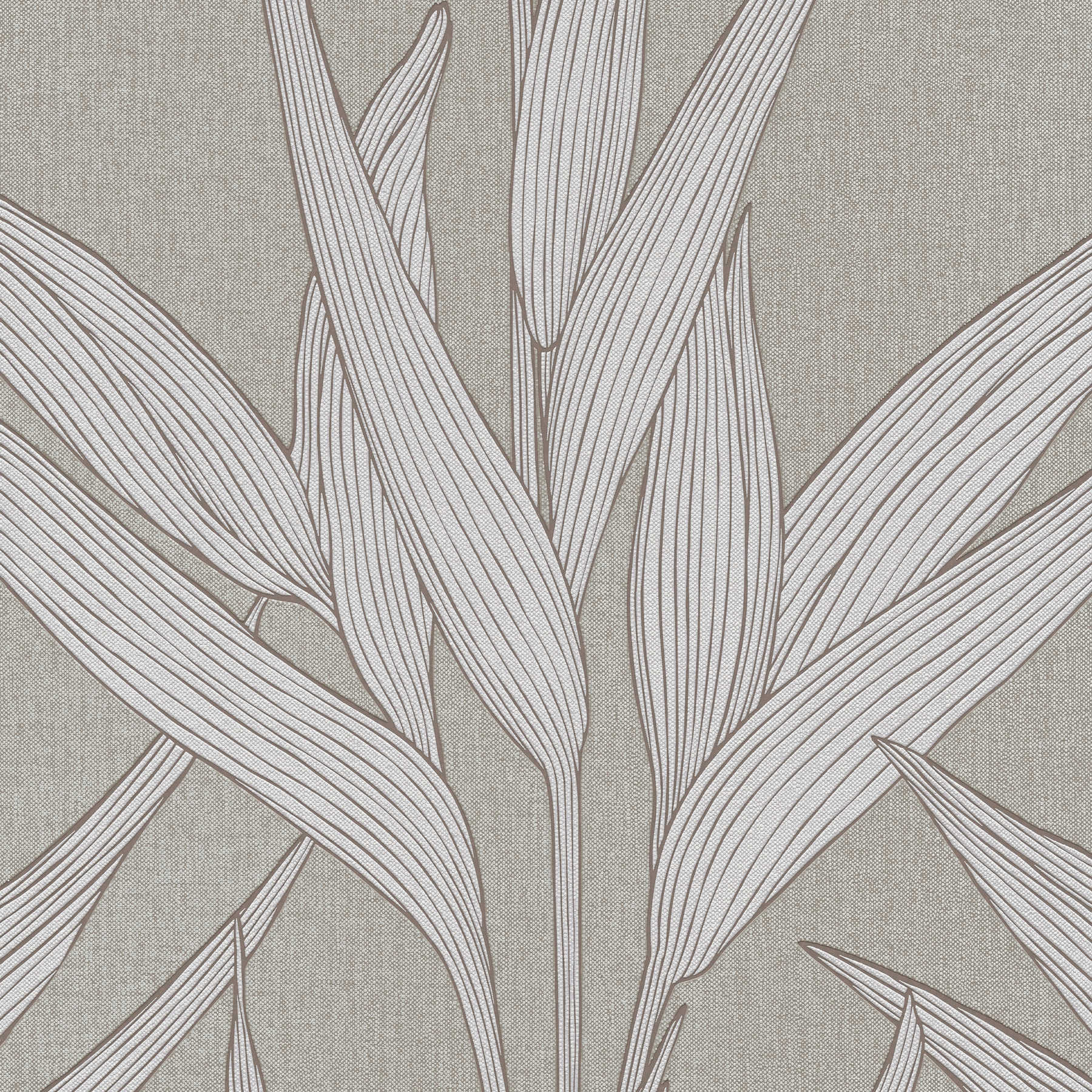 Papel pintado Hygge con aspecto de lino y estampado de hojas - gris
