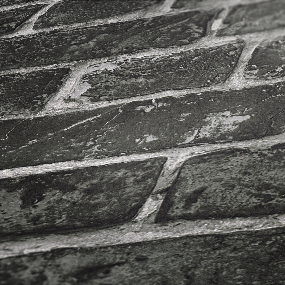             Carta da parati in pietra naturale con mattoni grigio scuro e fughe chiare - Nero, Grigio
        