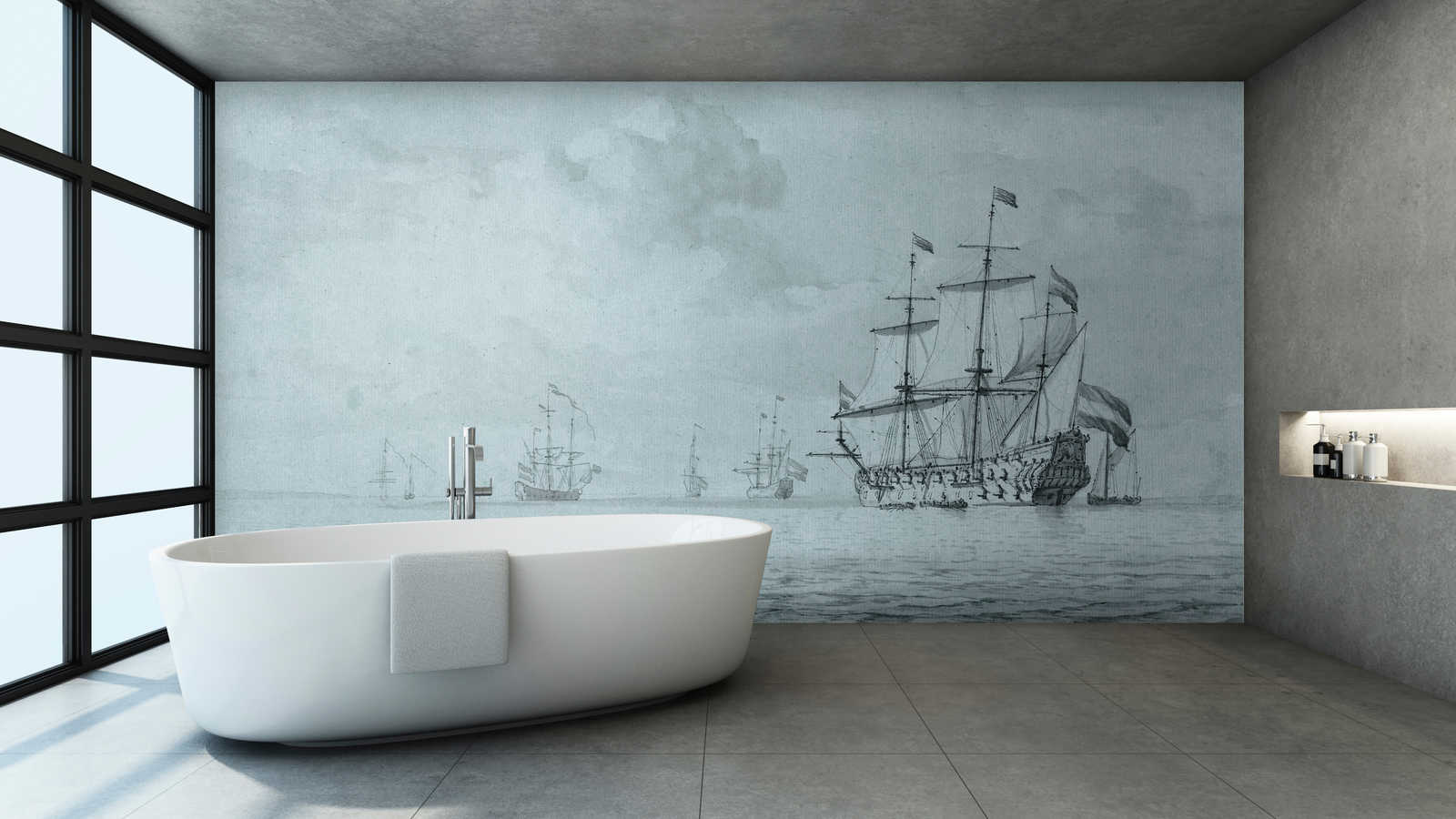            On the Sea 1 - grey blue photo wallpaper ships vintage painting style
        