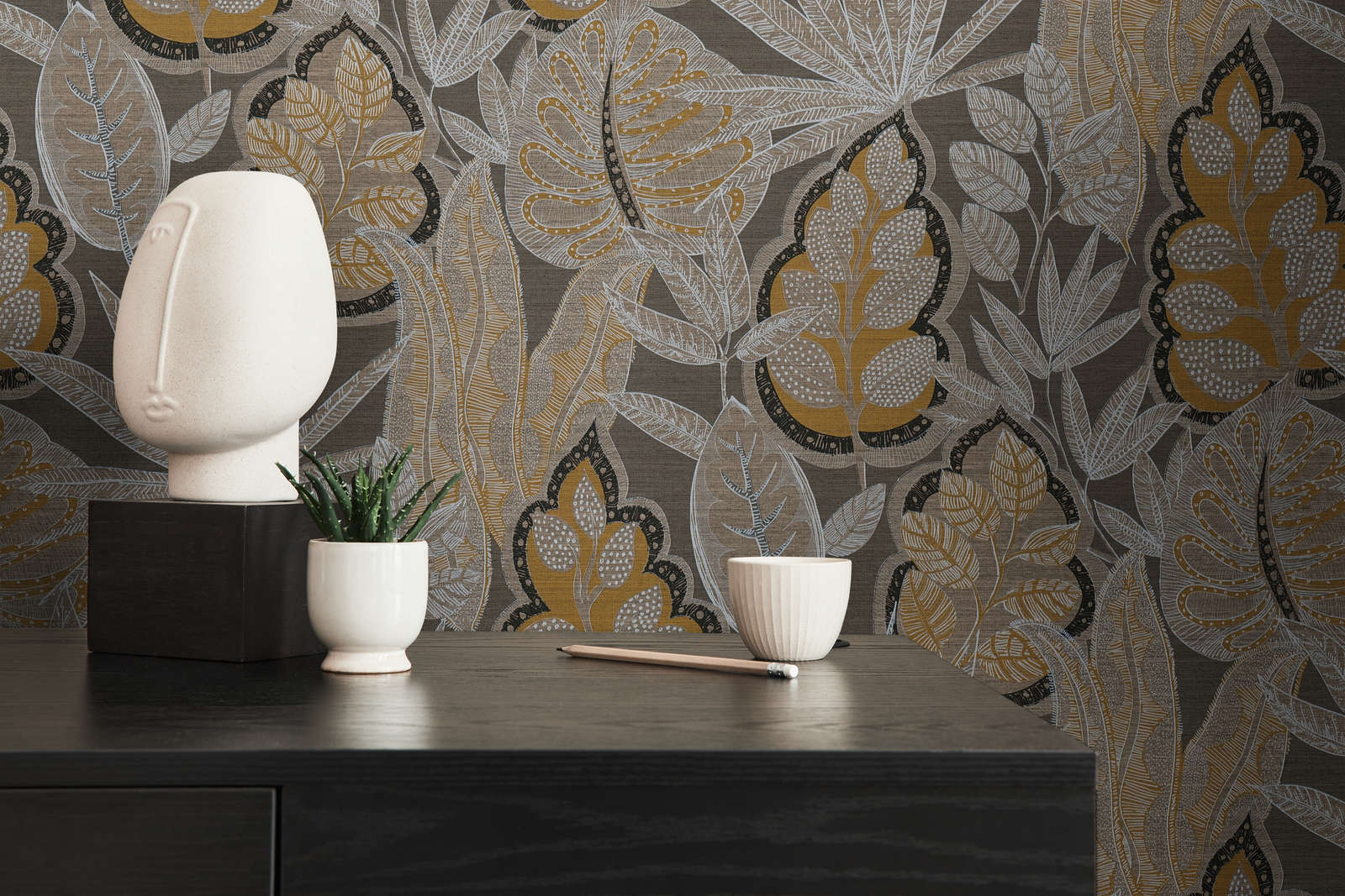             Floral wallpaper in graphic style with light structure, matt - brown, orange, white
        