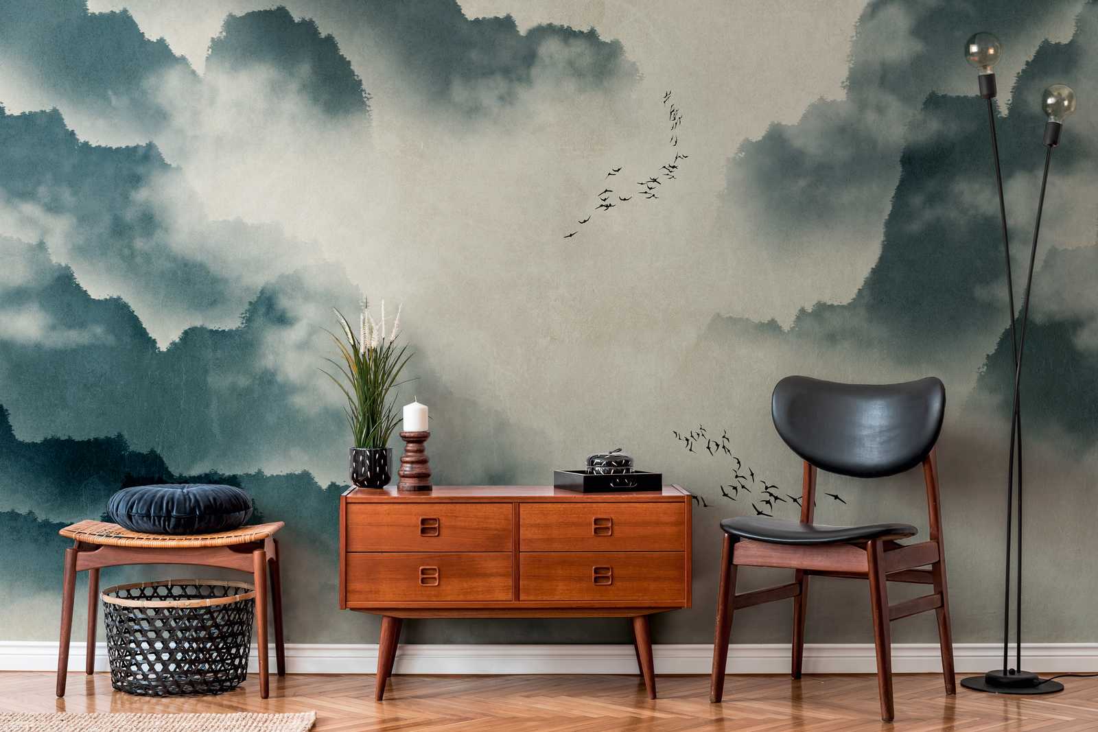             Wallpaper novelty | watercolour motif wallpaper with mountains, fog & flock of birds
        