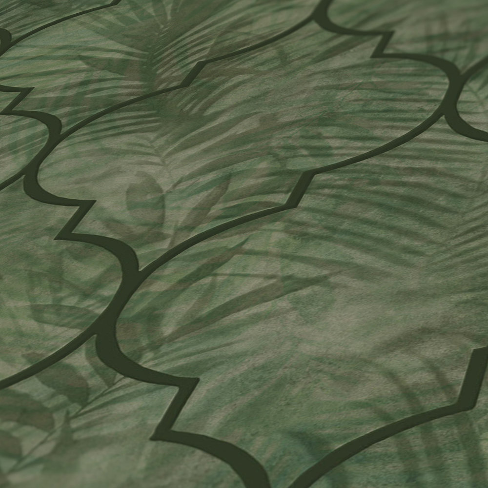             Papel pintado no tejido con motivo de hojas en aspecto de baldosa - verde
        