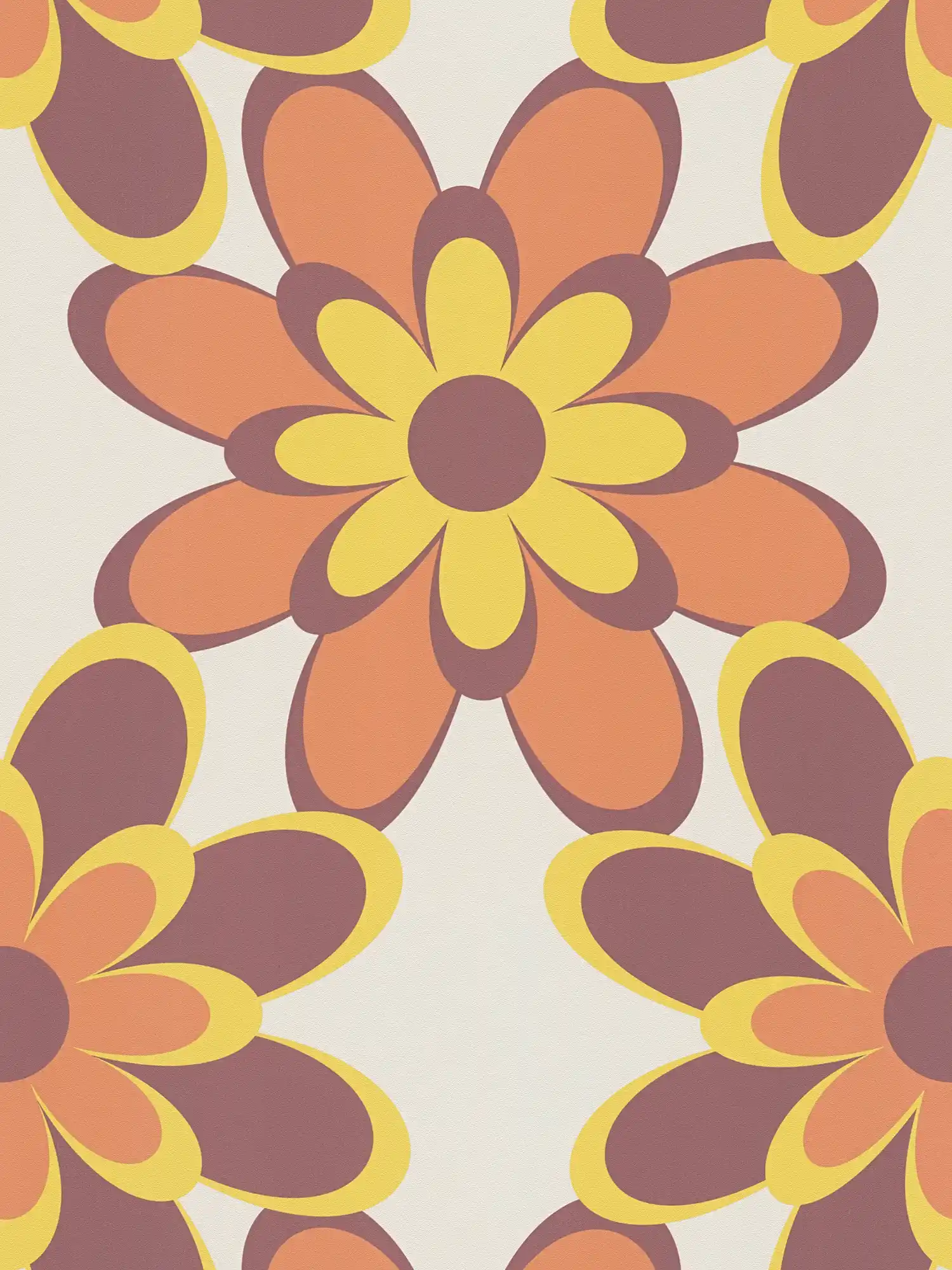 Papel pintado retro años 70 con motivos florales - naranja, amarillo, marrón
