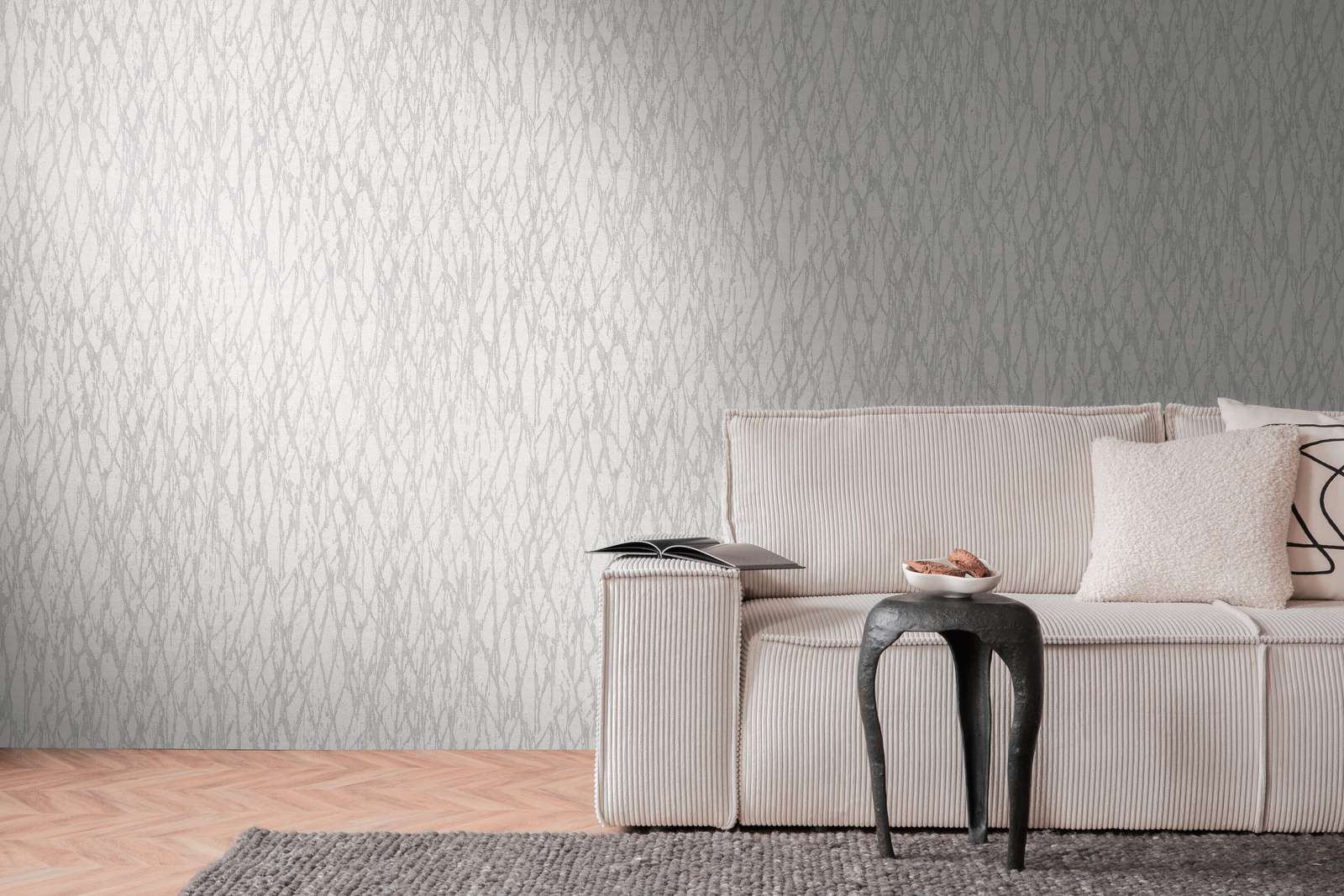             Non-woven wallpaper with abstract lines pattern slightly glossy - white, grey, silver
        