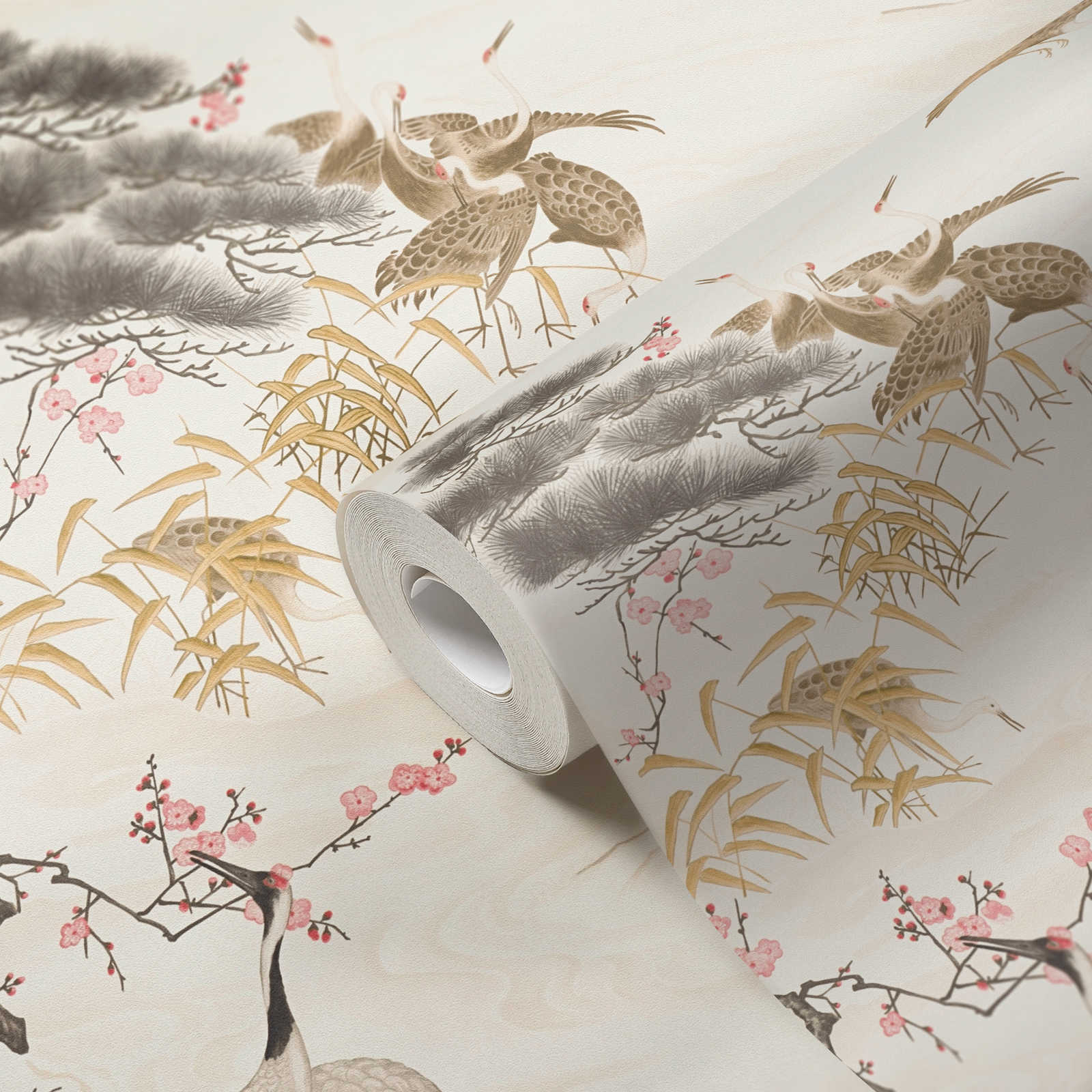             Papier peint grue de style asiatique avec motif animalier - crème
        