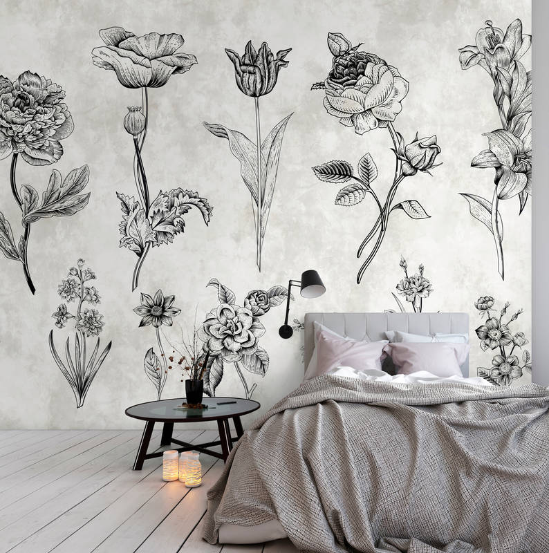            Papier peint fleurs style dessin - blanc, noir
        