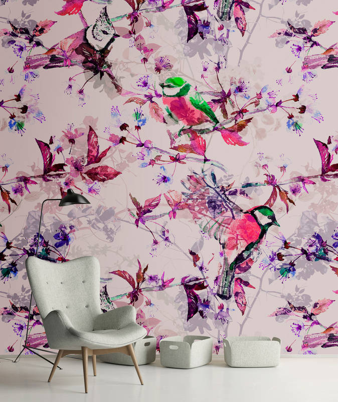             Birds collage style mural - pink, blue
        