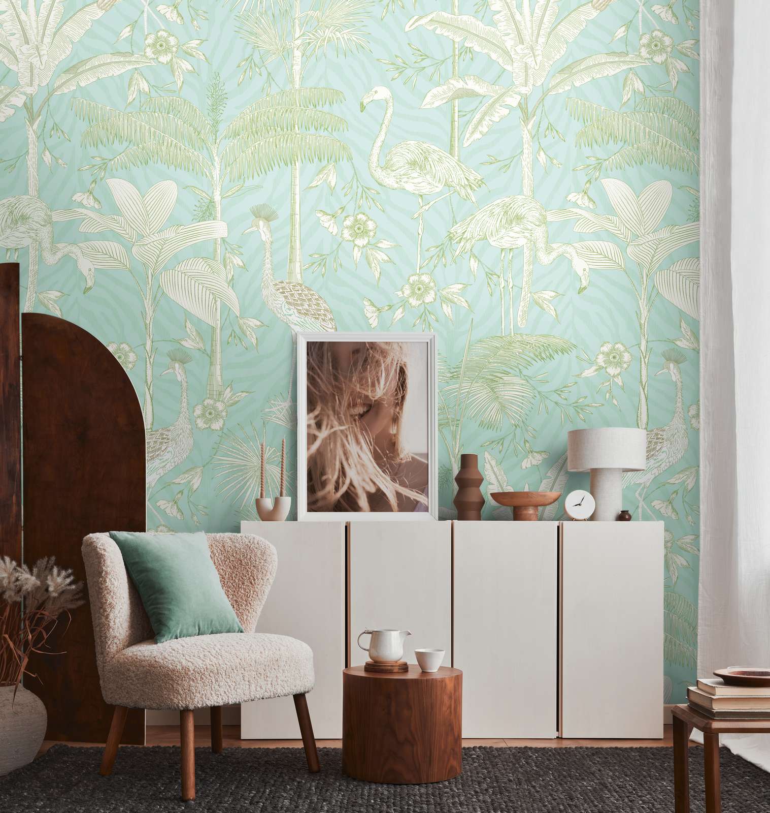             Non-woven wallpaper with flamingos and plants in pale colours - turquoise, white, green
        