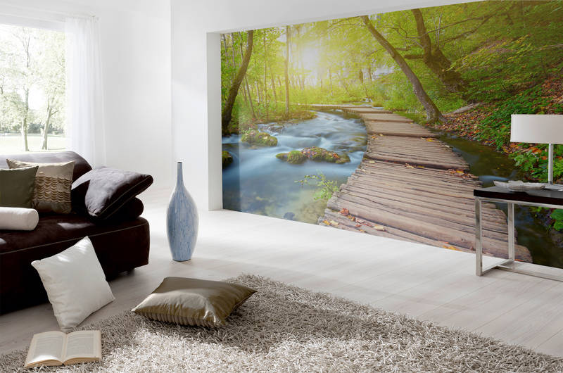             Nature mural river in the forest with wooden bridge on mother of pearl smooth nonwoven
        