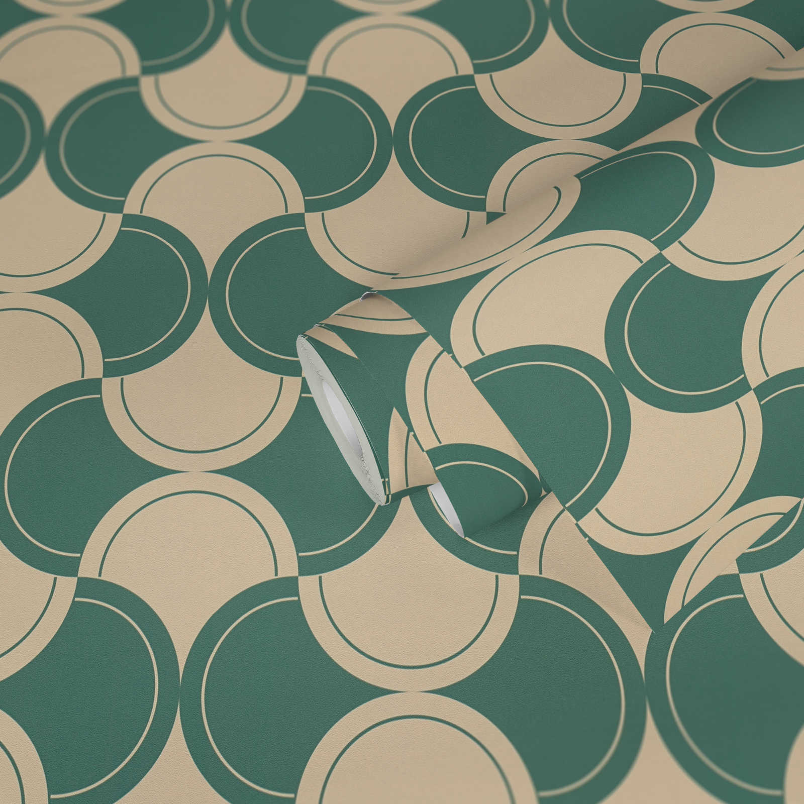             Non-woven wallpaper with semi-circle pattern in 70s style - green, beige
        