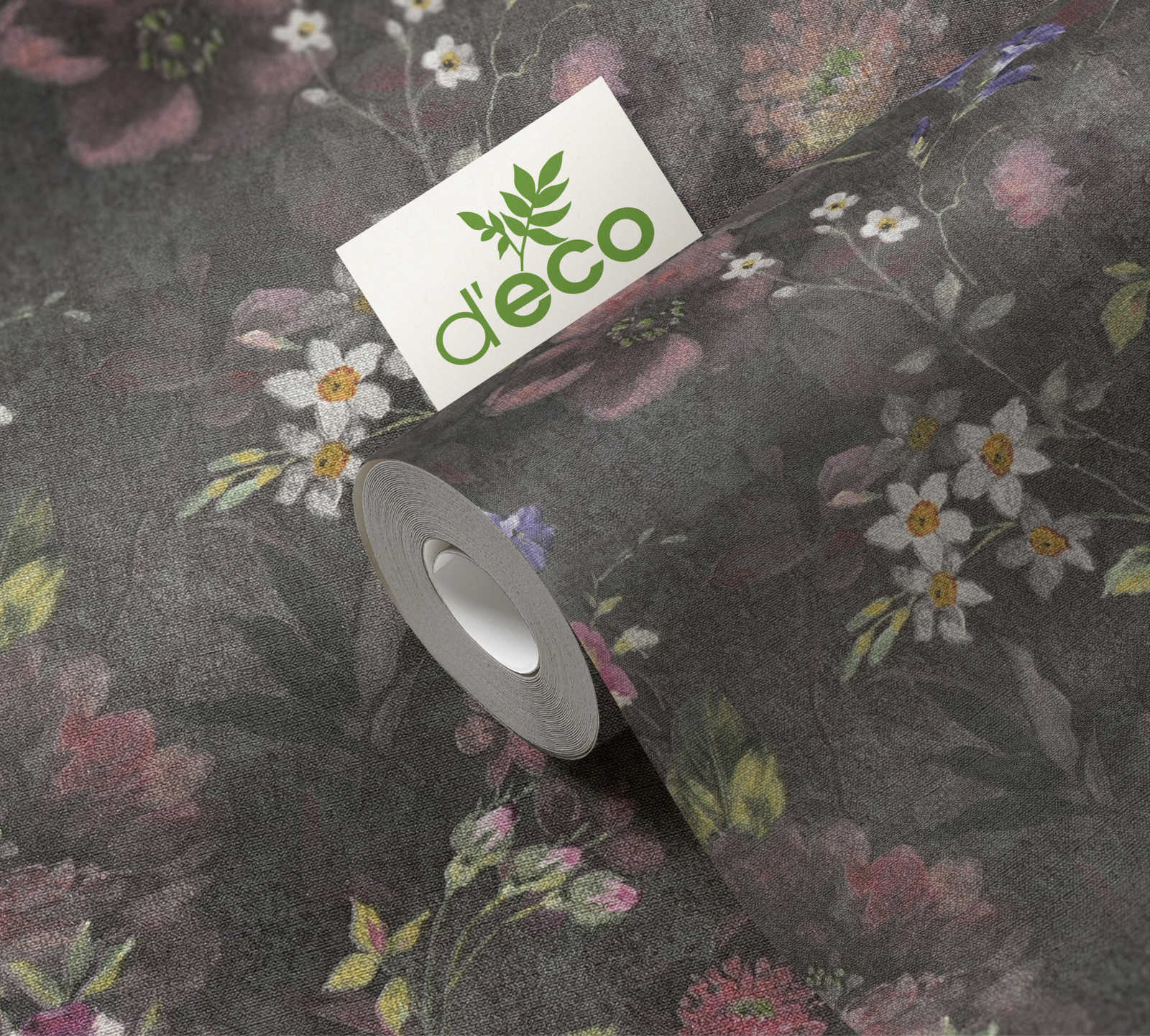             Papel pintado no tejido con motivos florales sin PVC - negro, de color, verde
        