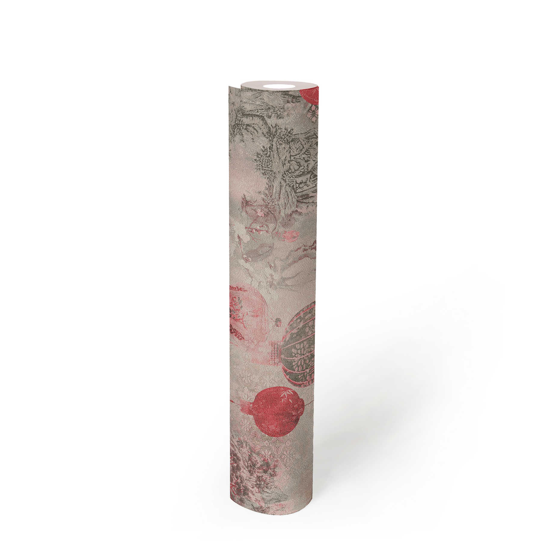             Non-woven wallpaper with landscape motif and Asian decor - grey, red, pink
        