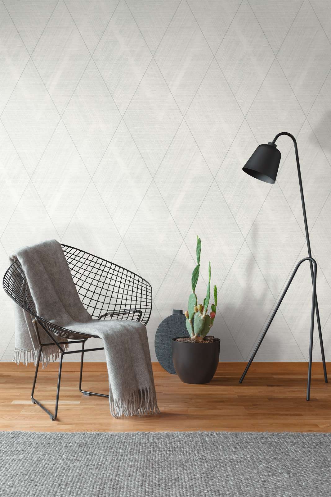             Textile optics wallpaper with diamond pattern - metallic, white
        