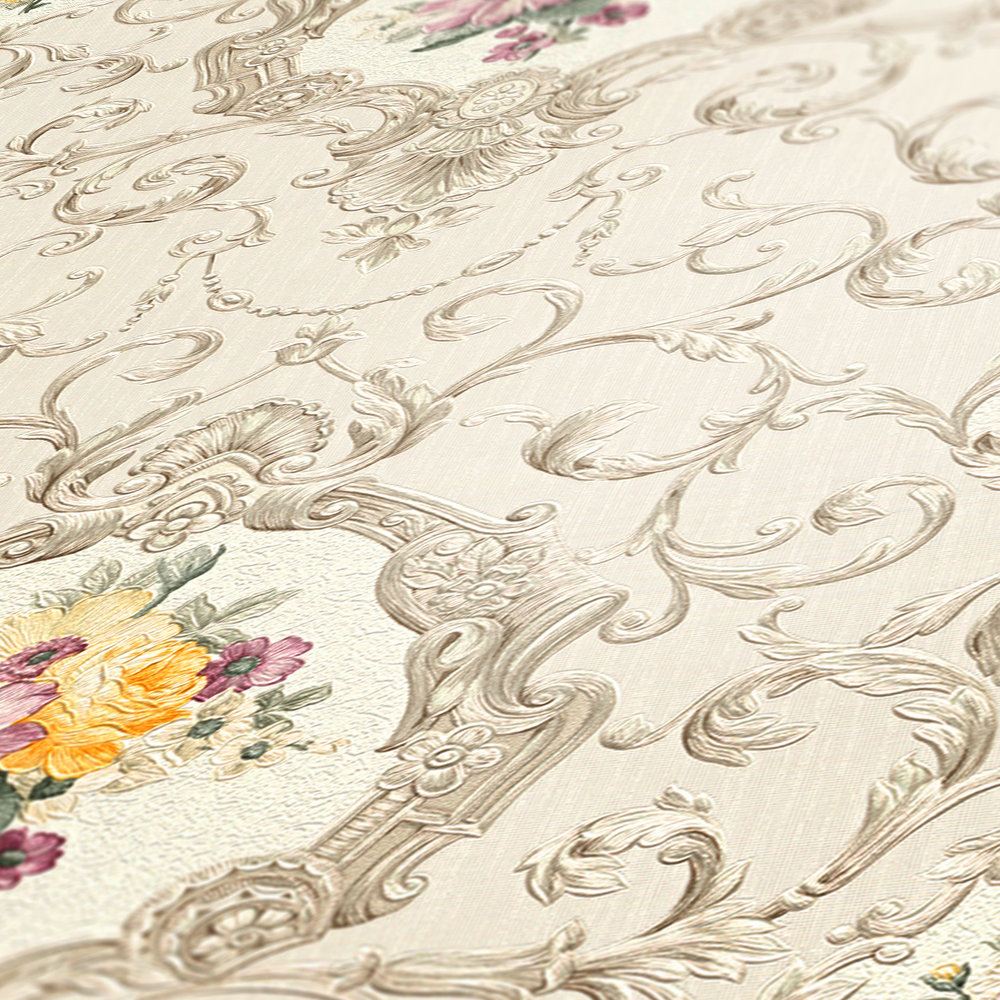             Papier peint néo-baroque motif floral ornemental - multicolore, crème
        