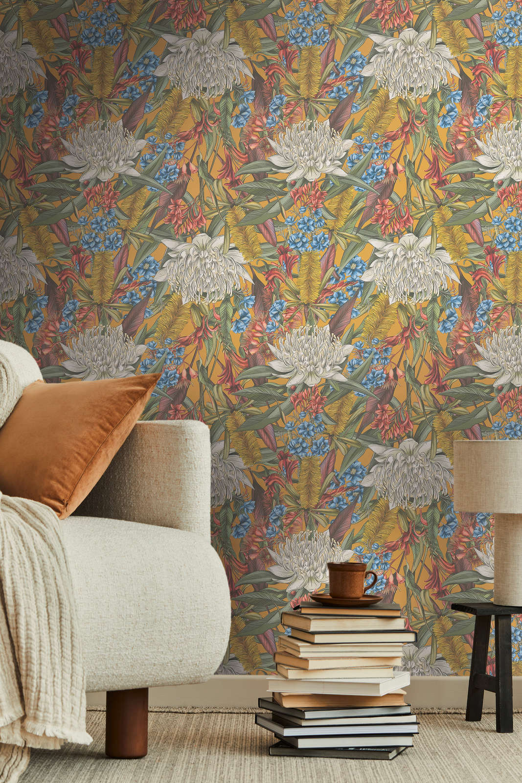             Floral style jungle wallpaper with leaves & flowers textured matt - multicoloured, yellow, green
        