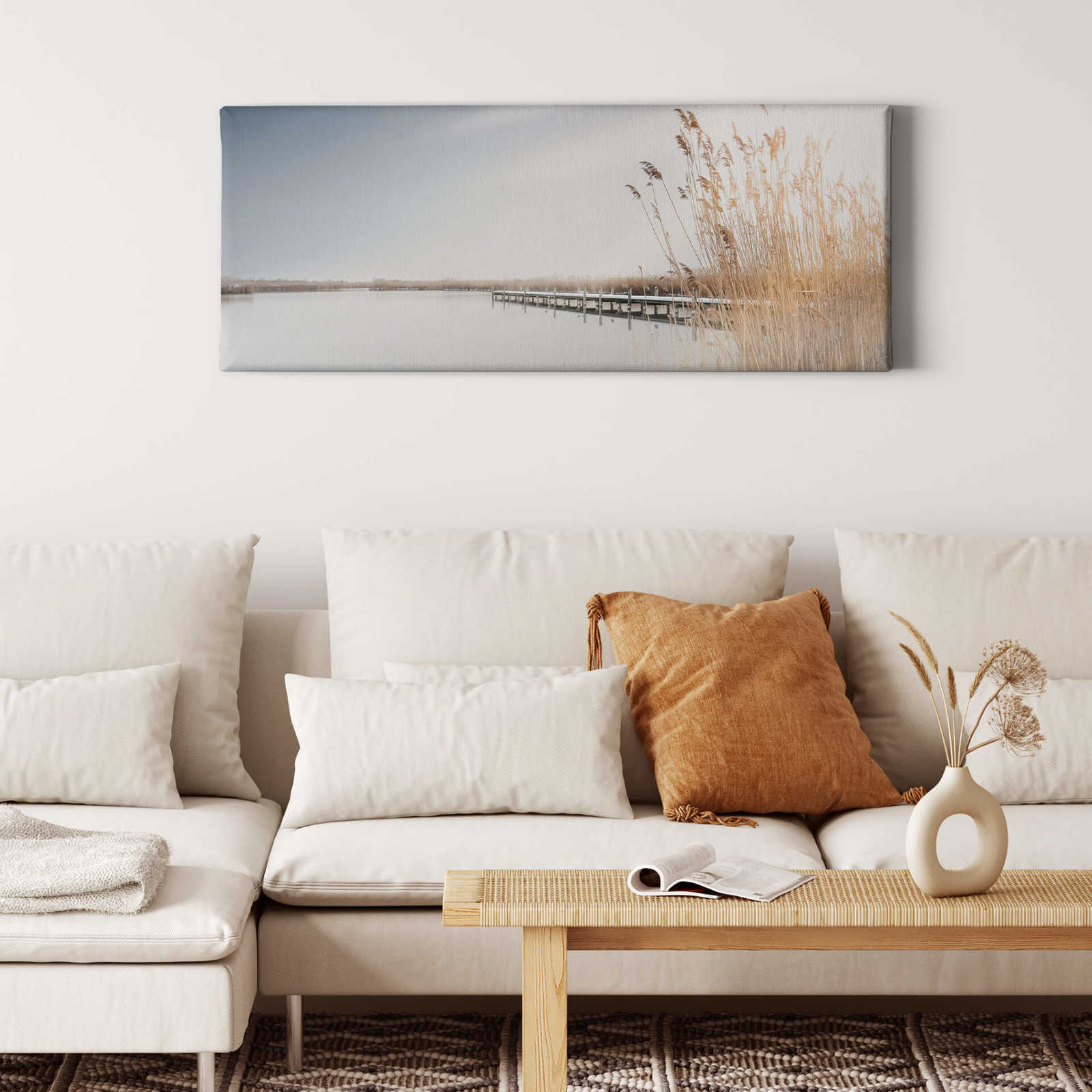             Panorama Canvas schilderij Riet op het meer met blauwe lucht - 1,00 m x 0,40 m
        