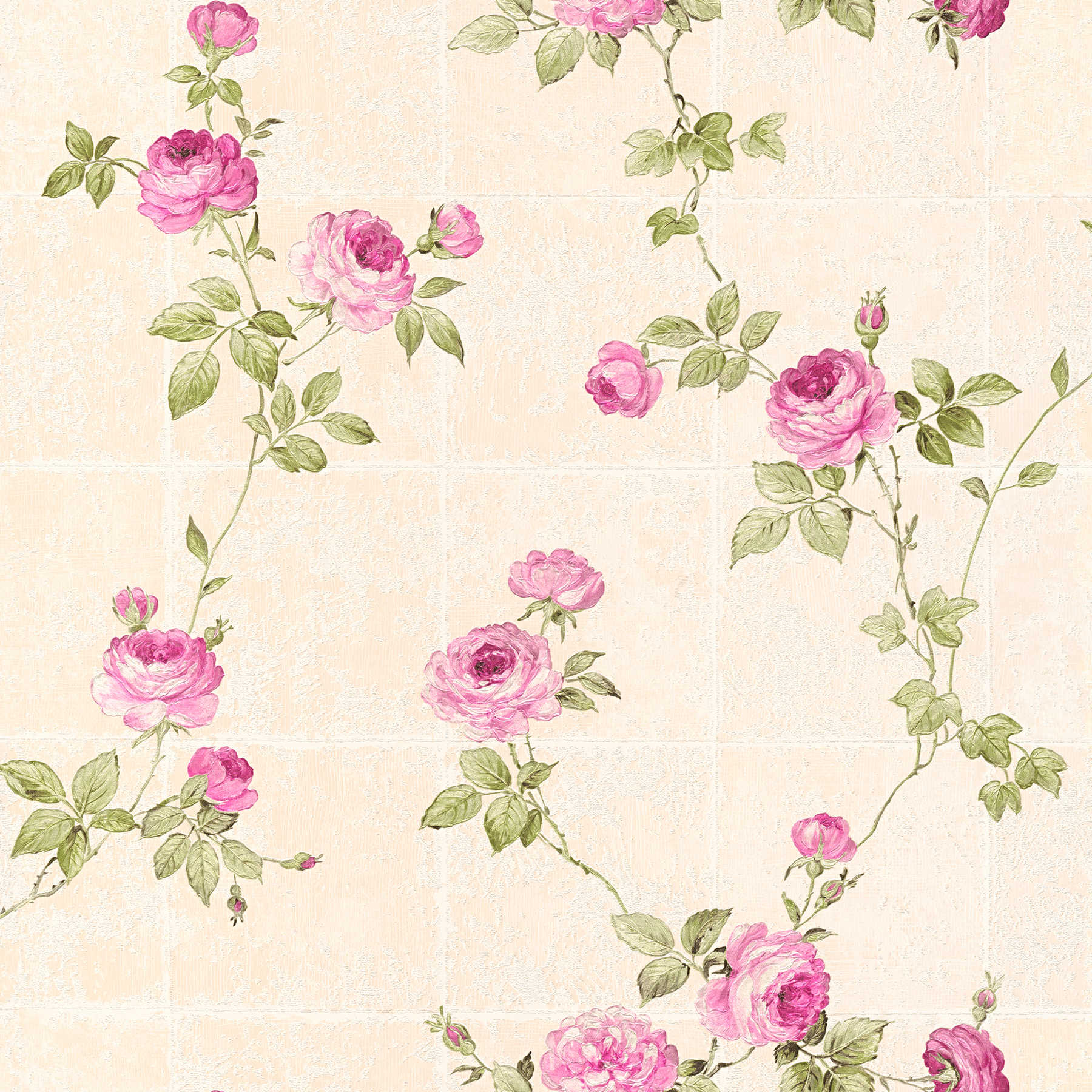         Tile look wallpaper with rose vines - beige, green, pink
    