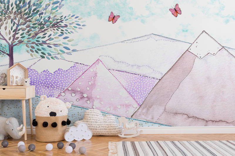             Children mural mountain landscape drawing on mother of pearl smooth fleece
        