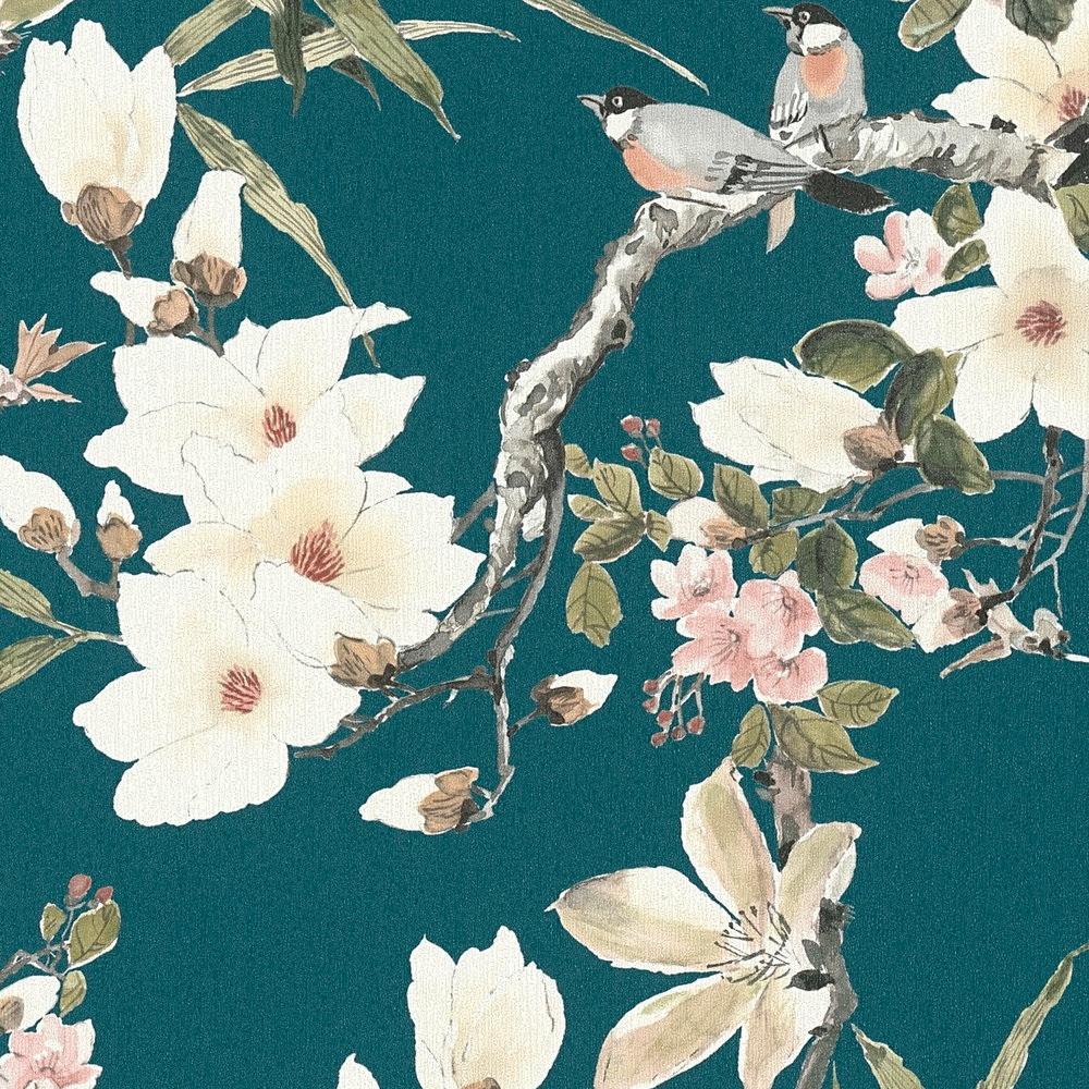             Papel pintado no tejido diseño naturaleza flores ramas y pájaros - azul, verde
        