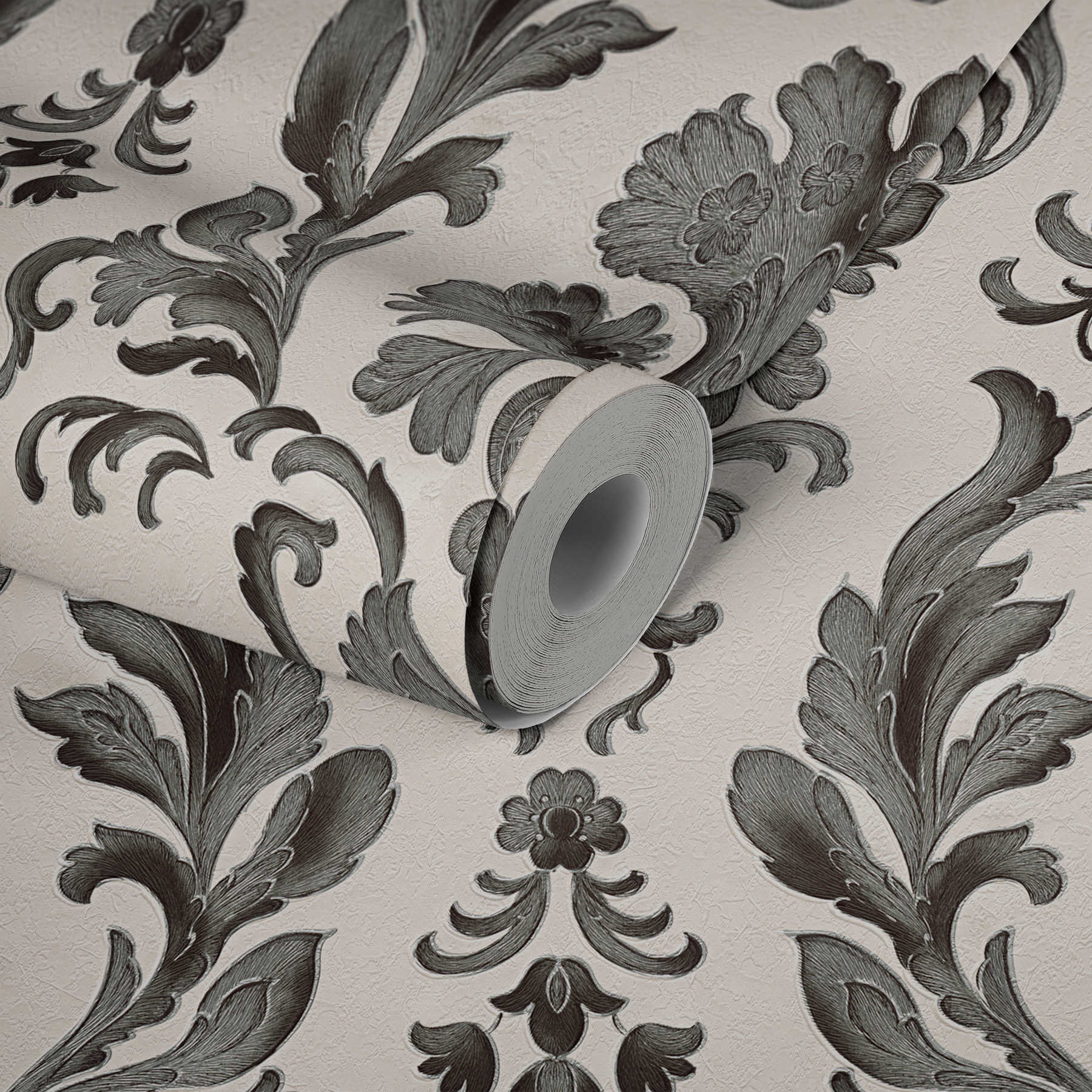             Papel pintado con adornos detallados en estilo floral - Negro, Blanco
        