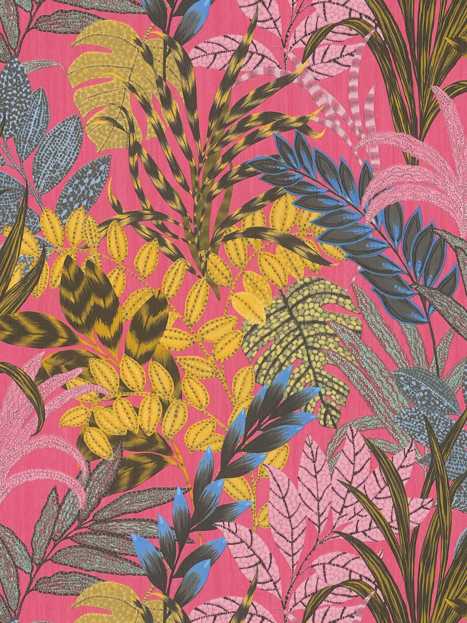 Kleurrijk vliesbehang met bladmotief & reliëfstructuur - veelkleurig, geel, roze
