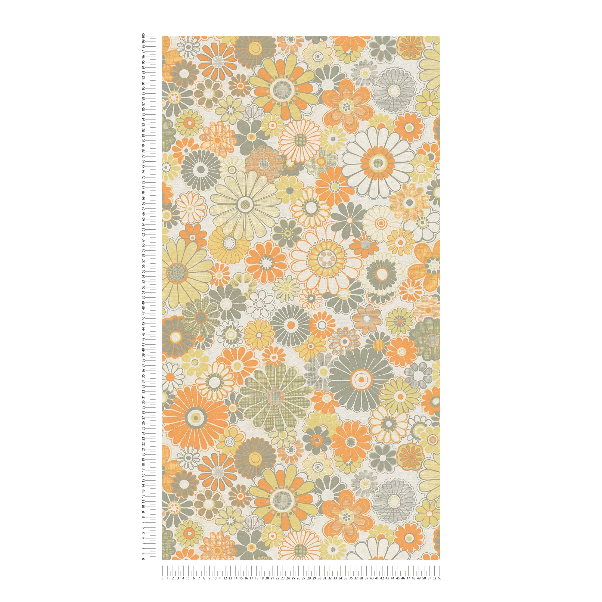             Papel pintado floral de estilo retro ligeramente texturizado - naranja, verde, blanco
        