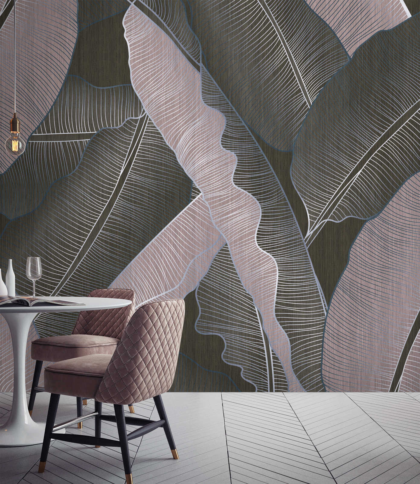             Under Cover 2 - Palm Leaf Wallpaper Grey & Pink in Drawing Style
        
