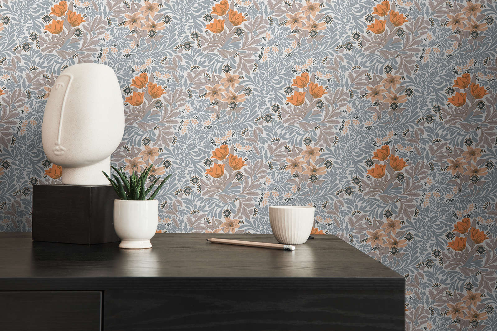             Wallpaper with flowers and leaf tendrils - blue, orange, beige
        