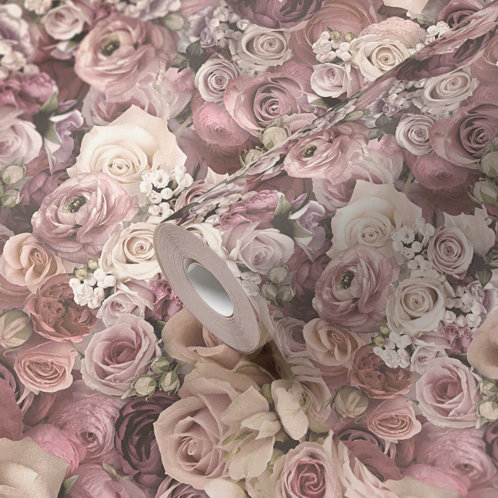            papel pintado rosas en delicado mar de flores rosa - crema
        
