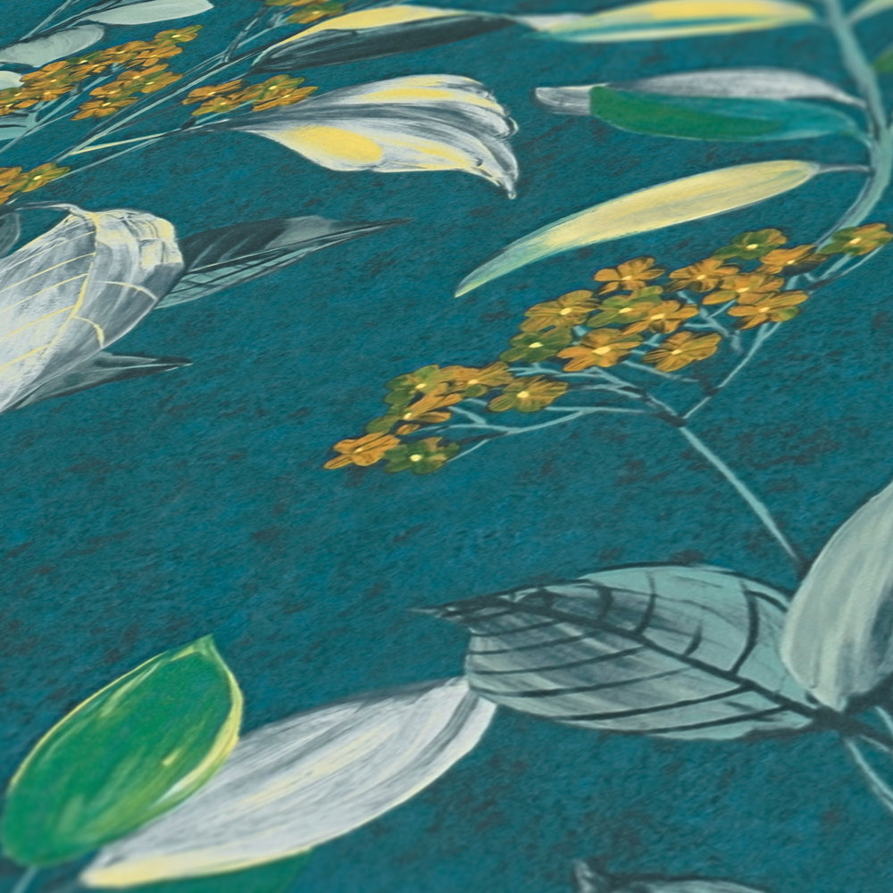             Papel pintado no tejido con motivos florales - multicolor, petróleo, amarillo
        