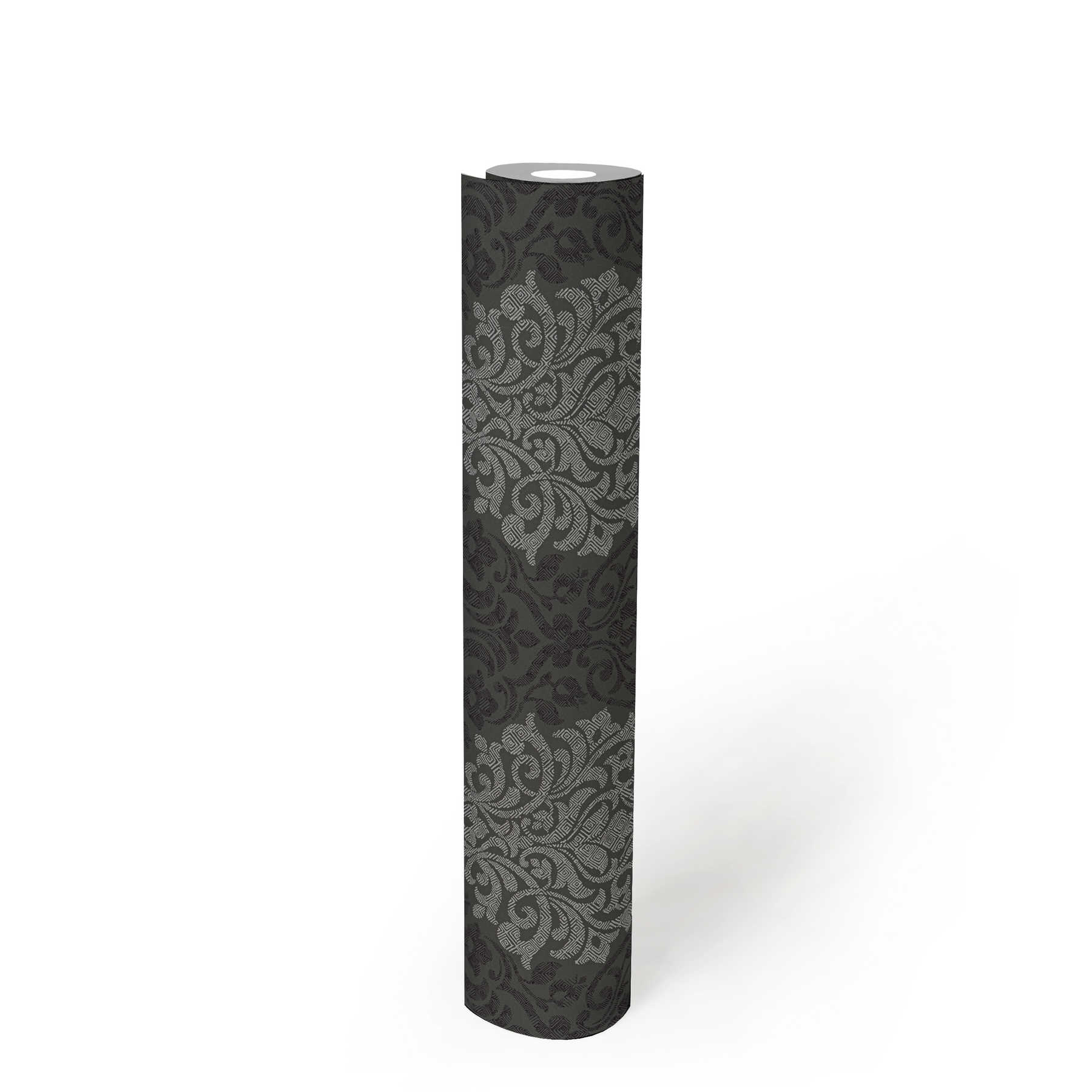             Carta da parati ornamentale floreale con motivo a rombi in stile etno - argento, nero, grigio
        