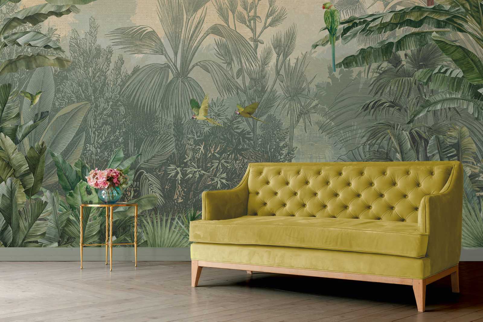             Green mural jungle palm trees & parrots in drawing style
        