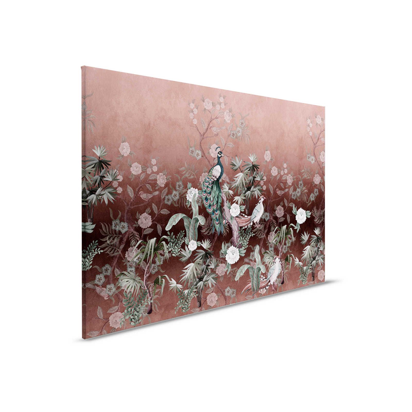Peacock Island 1 - Canvas painting Peacock garden with flowers in old rose - 0,90 m x 0,60 m
