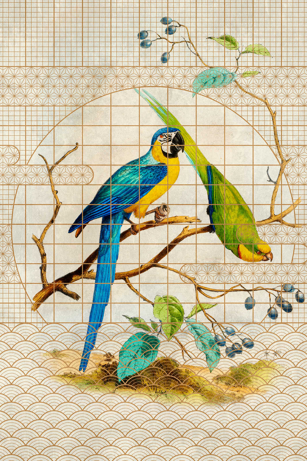             Voliera 3 - Quadro su tela con pappagalli e motivi dorati in stile vintage - 1,20 m x 0,80 m
        