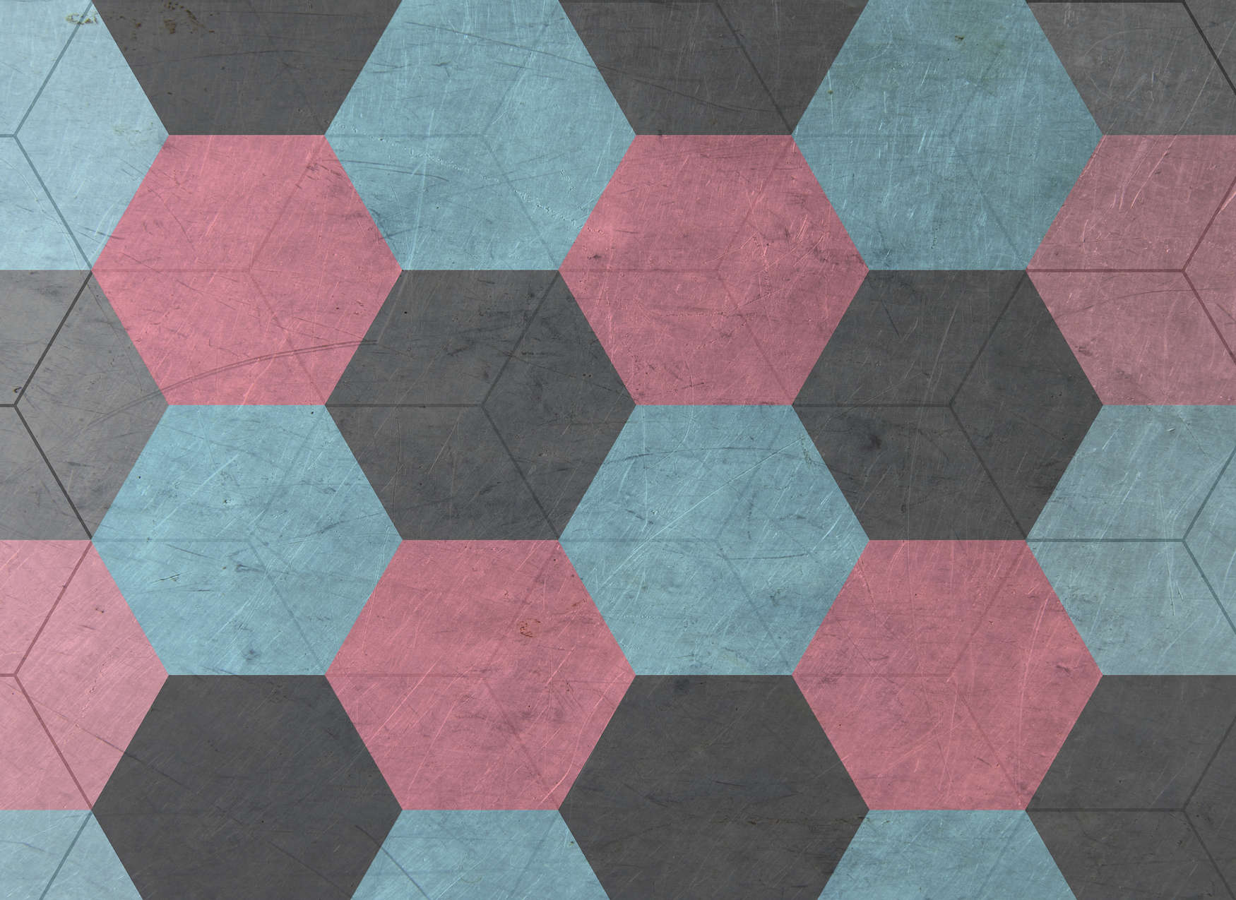             Papel pintado de baldosas hexagonales de aspecto vintage - azul, rojo, negro
        