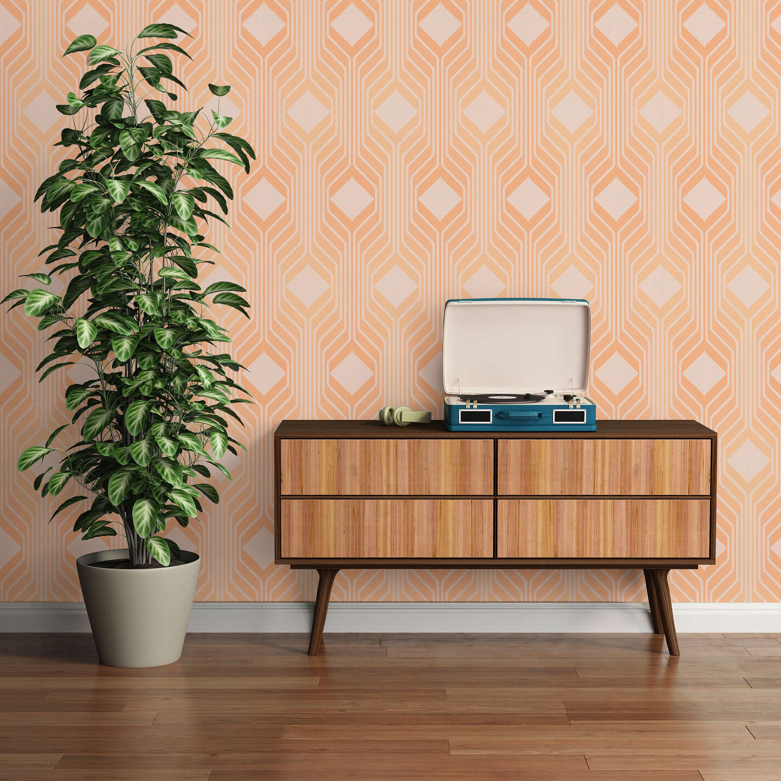            Retro wallpaper with diamond pattern in warm colours - orange, beige
        