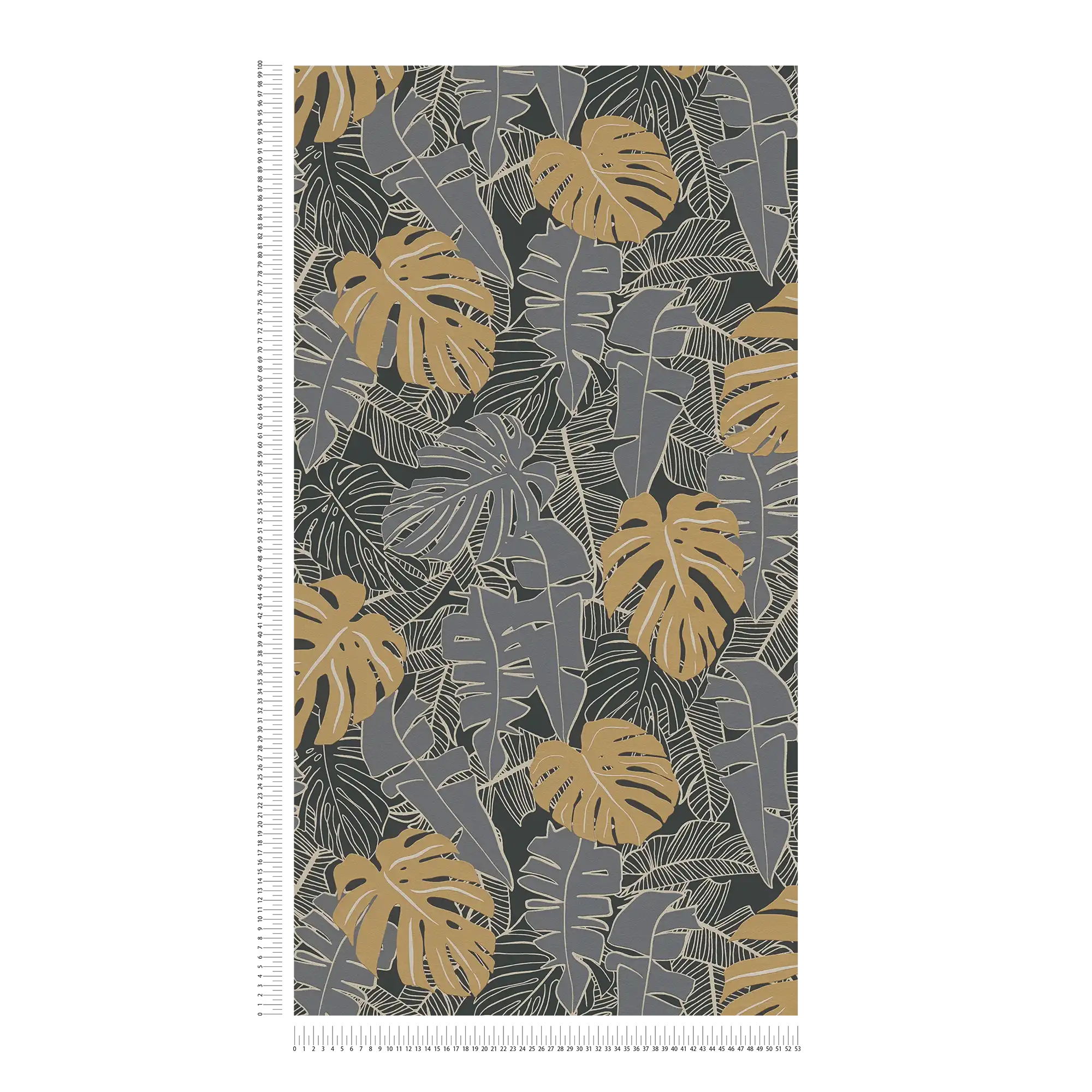             Papier peint jungle avec feuilles de bananier & aspect métallique - noir, or, gris
        
